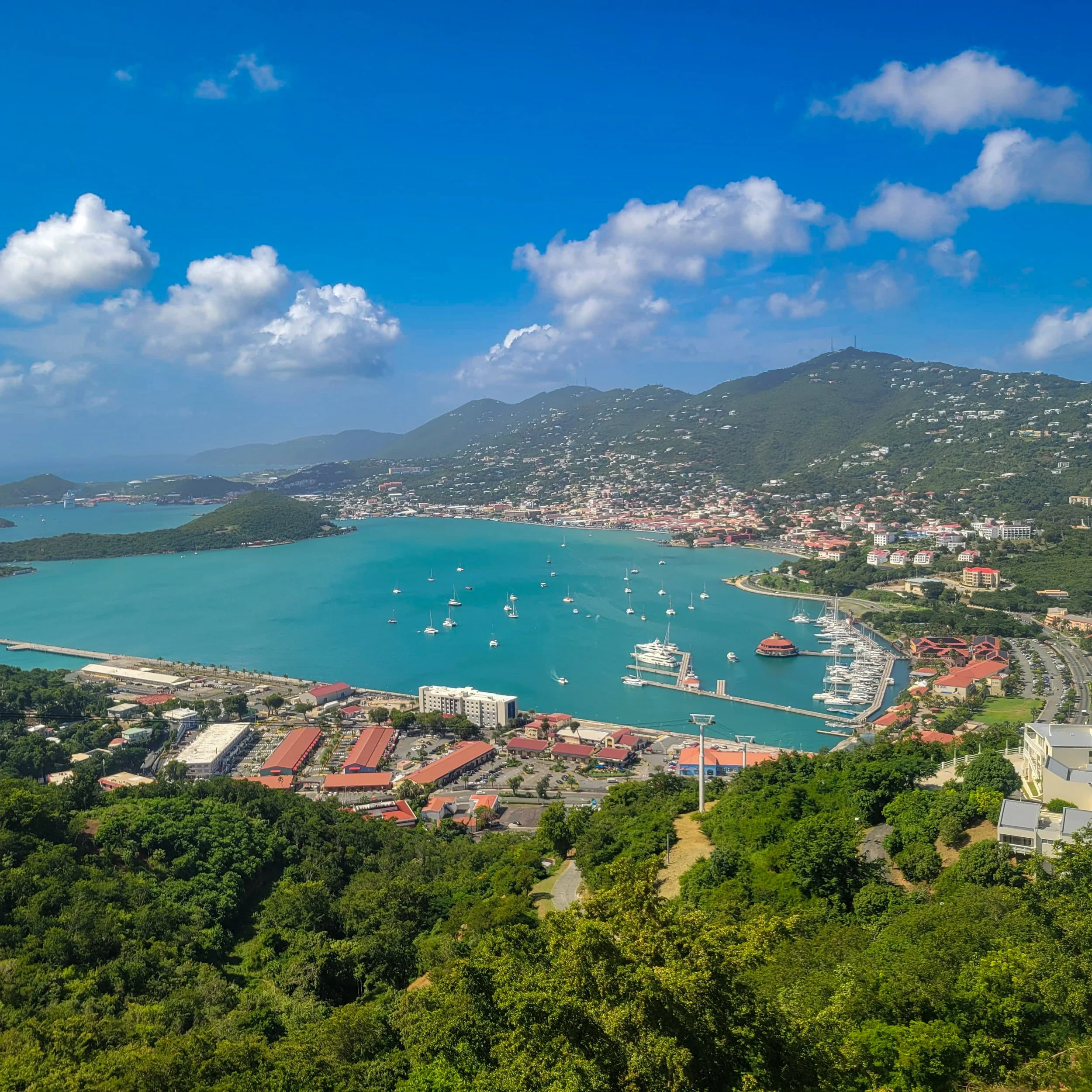 A view straight out of paradise!  Take in the breathtaking panoramic scenery of St. Thomas Harbor and the surrounding islands from Paradise Point, one of the island’s most beautiful lookout spots.