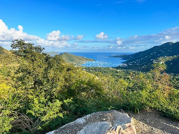 View of a coastal bay with sailboats, surrounded by lush green hills under a blue sky with clouds