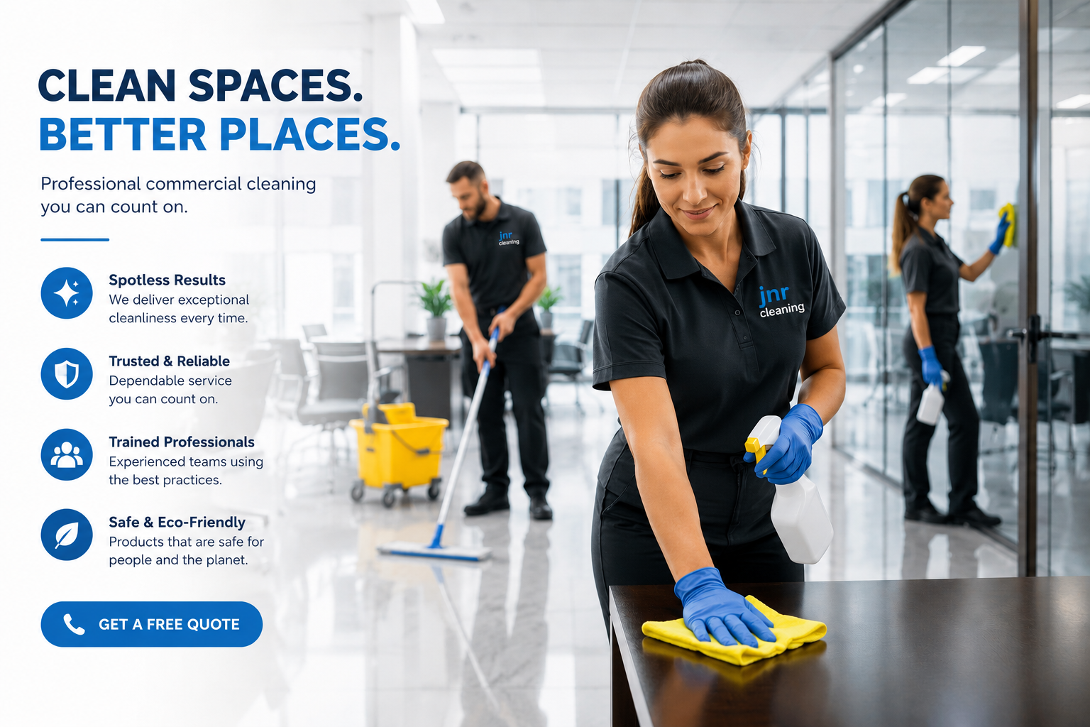 Cleaning staff in a modern office cleaning glass walls, with one woman in the foreground wiping the table with a spray bottle and a yellow cloth, and a man in the background mopping the floor, all wearing dark uniforms with blue gloves.