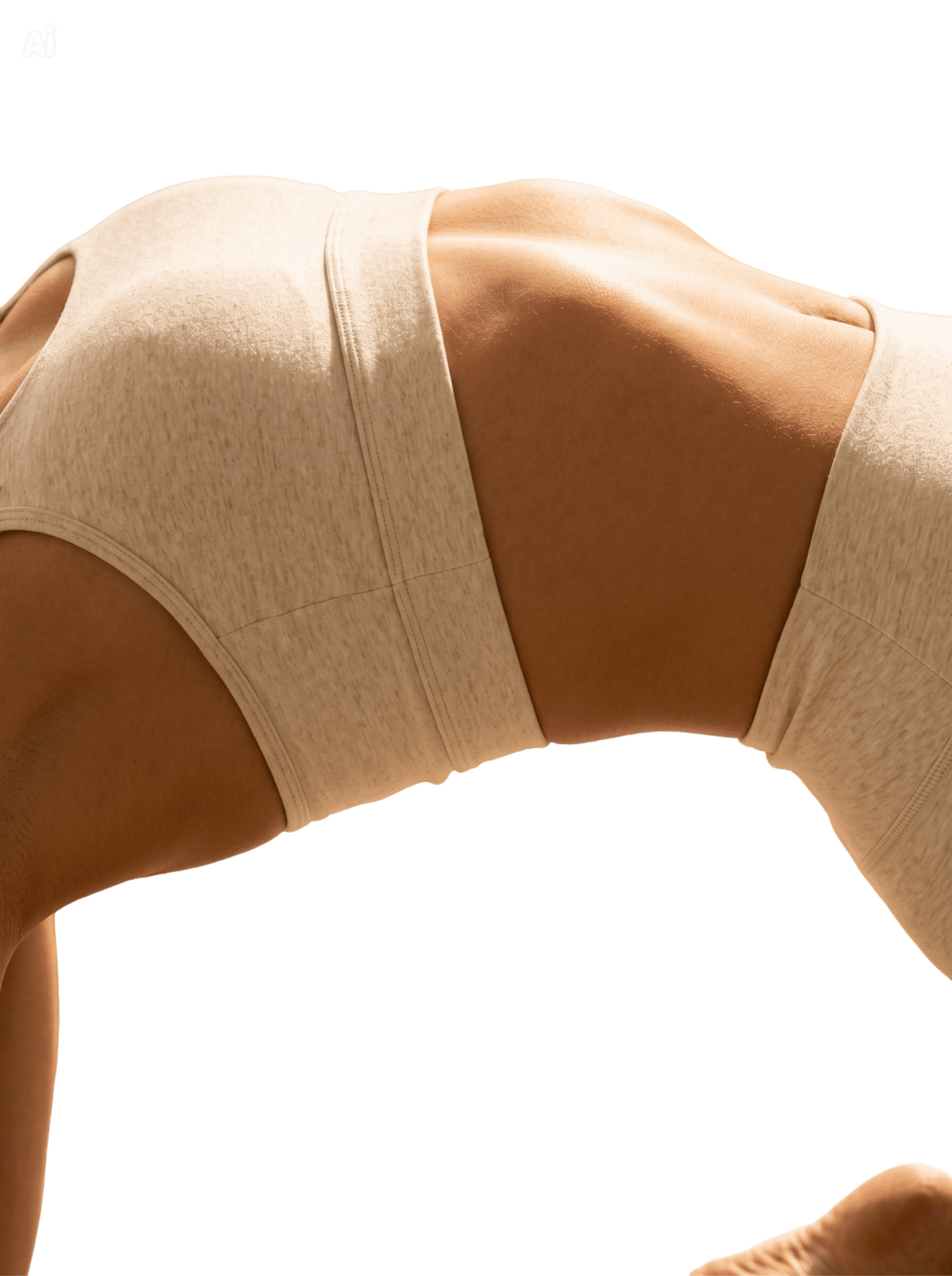 Close-up of a person's back and shoulder, wearing a beige sleeveless top, with skin visible and a black background.