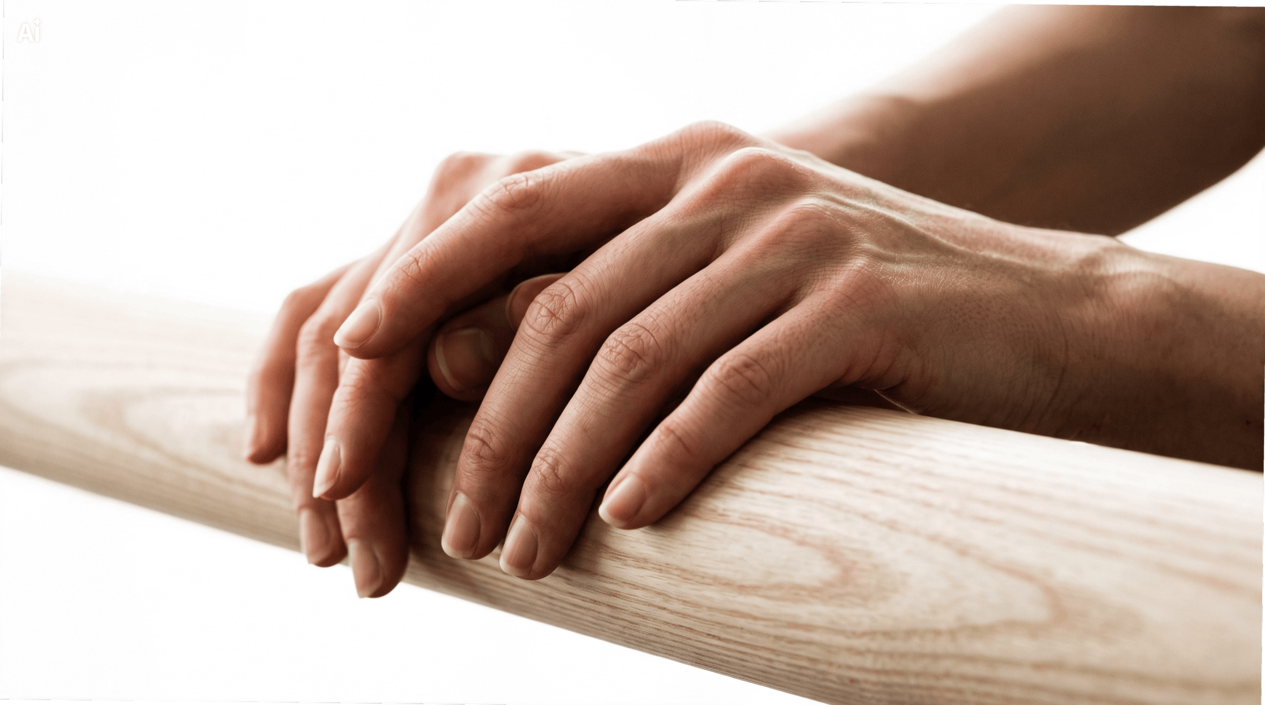 Close-up of a person's hands gently clasped together, resting on a wooden surface.