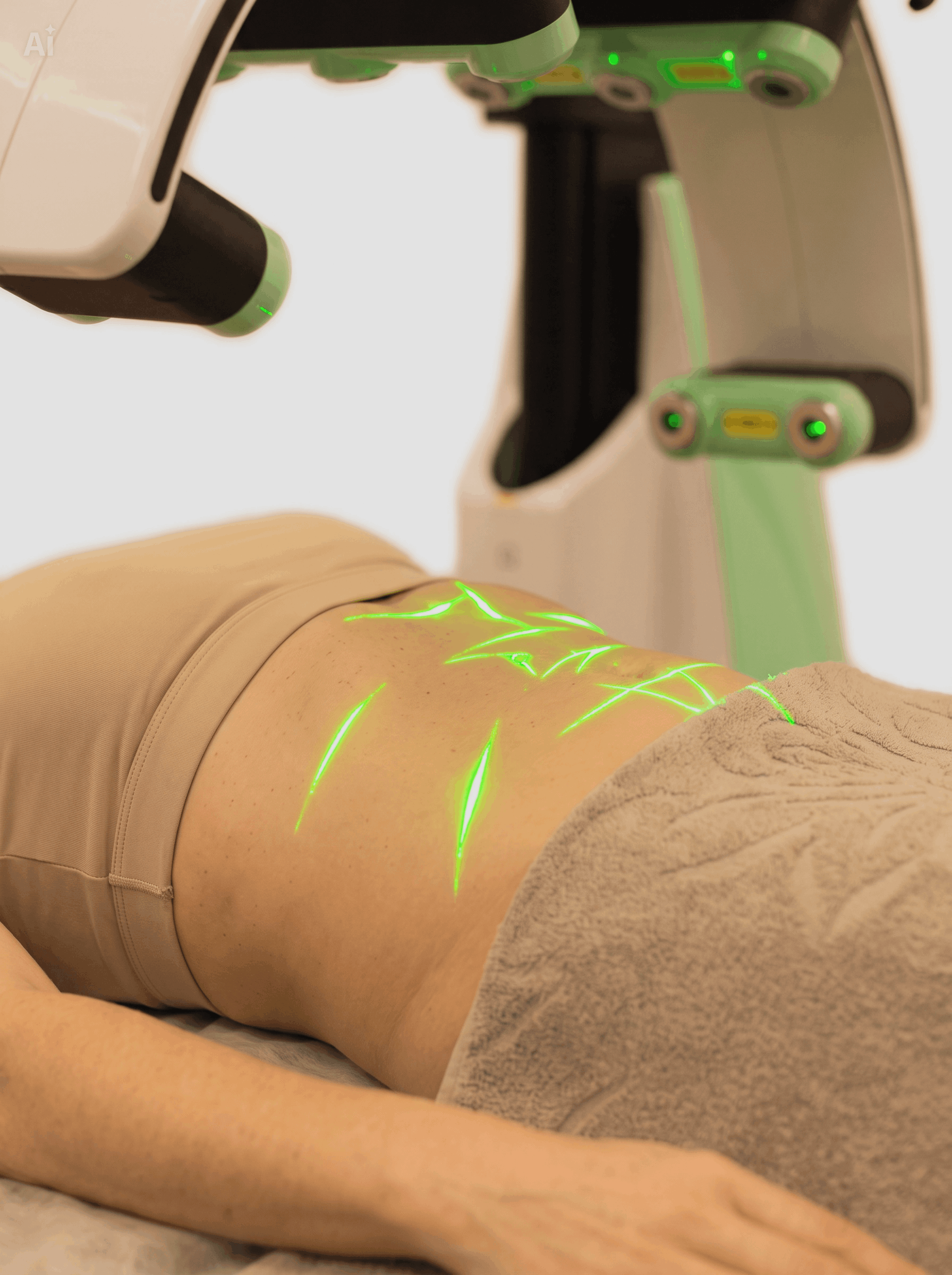 Person receiving laser therapy on their thigh with green laser lights, lying on a treatment table in a clinical setting.