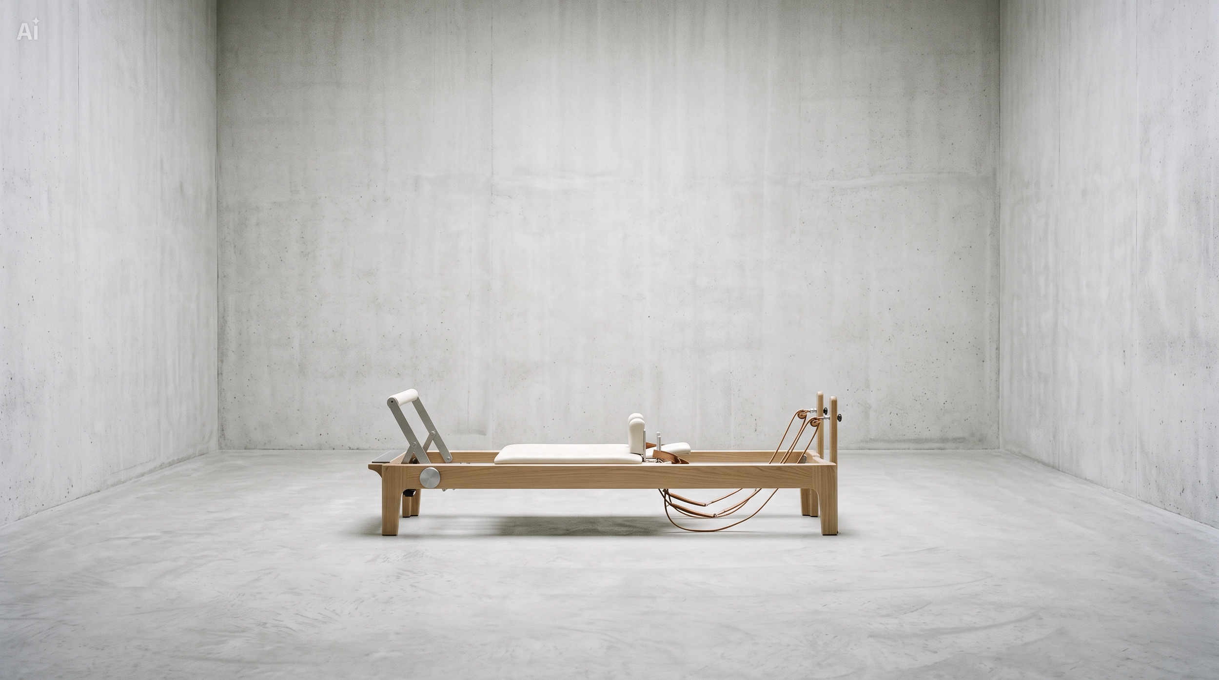 A minimalist room with concrete walls and floor, containing a wooden Pilates reformer machine.