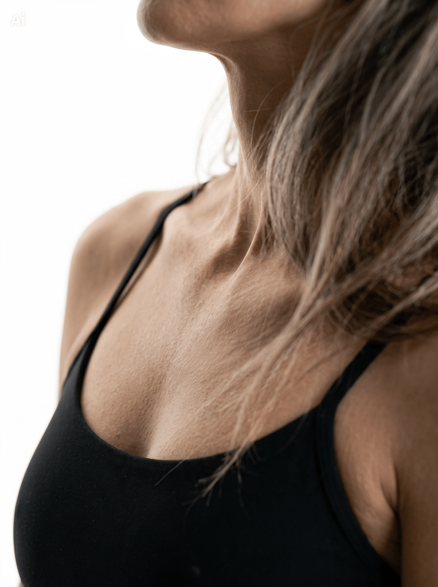 Close-up of a woman's face, focusing on her cheek and neck, with brown hair partially visible, wearing a black top and minimal makeup.