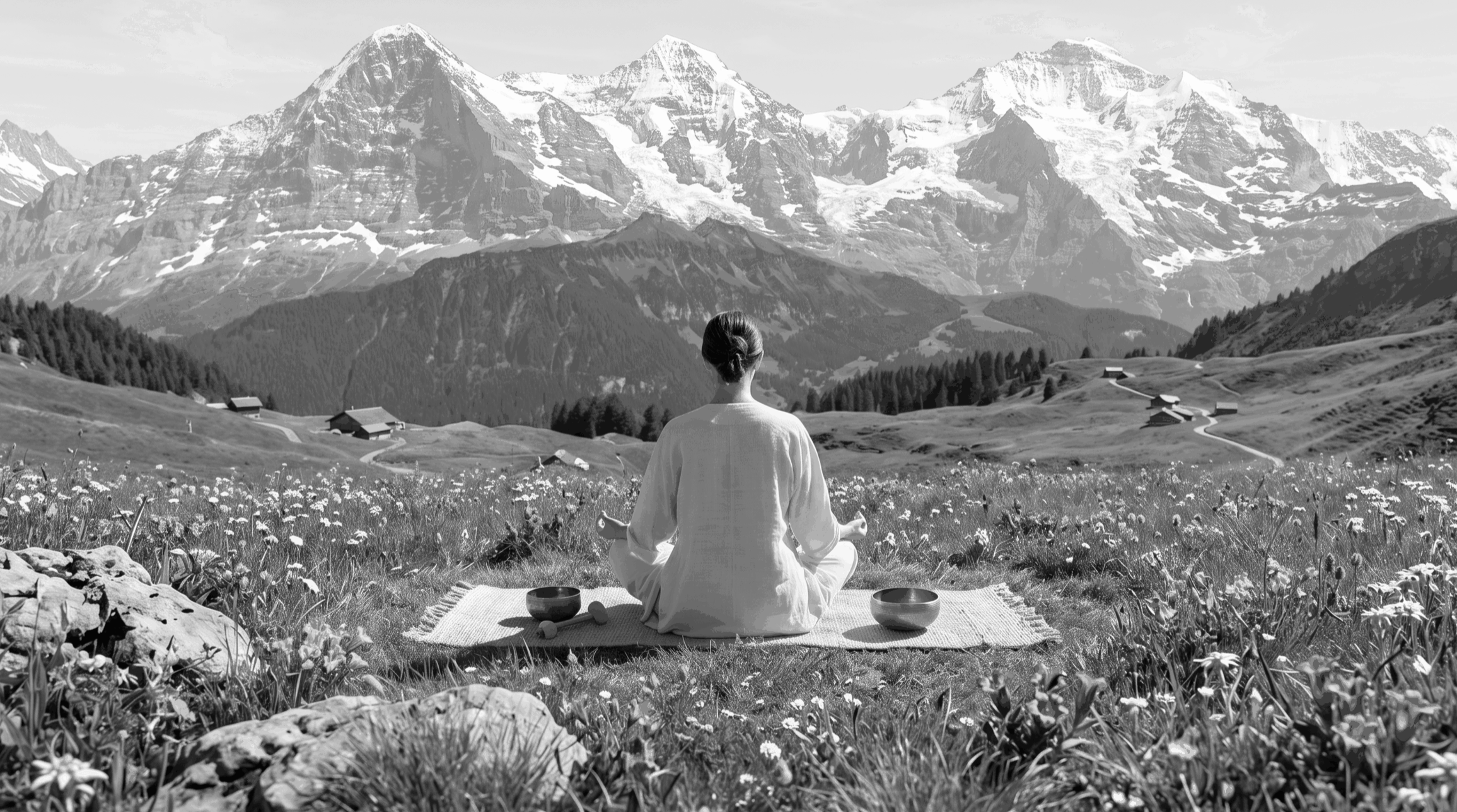A person sitting cross-legged in a meditative pose on a blanket in a grassy field filled with flowers, facing a mountain range with snow-capped peaks and small houses scattered across the landscape.