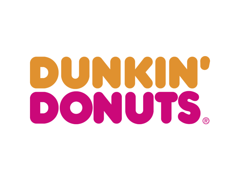 Dunkin' Donuts logo with orange and pink text on a black background.