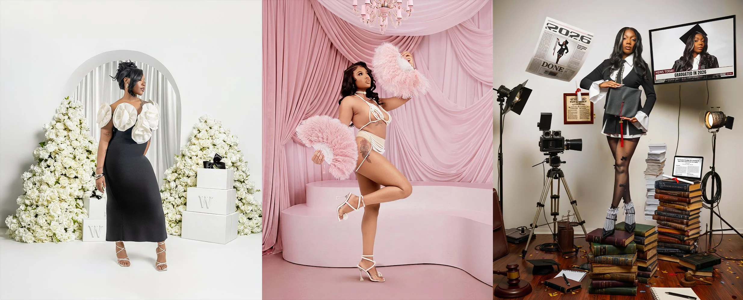 A collage of three images. The first shows a woman in a black dress with puffy white sleeves, standing in front of a white background with white roses. The second features a woman in a pink fluffy costume with pink fans, posing against pink drapery. The third depicts a woman in a black and white outfit with a graduation cap, standing in a room with photography equipment, stacks of books, and a television screen displaying news.