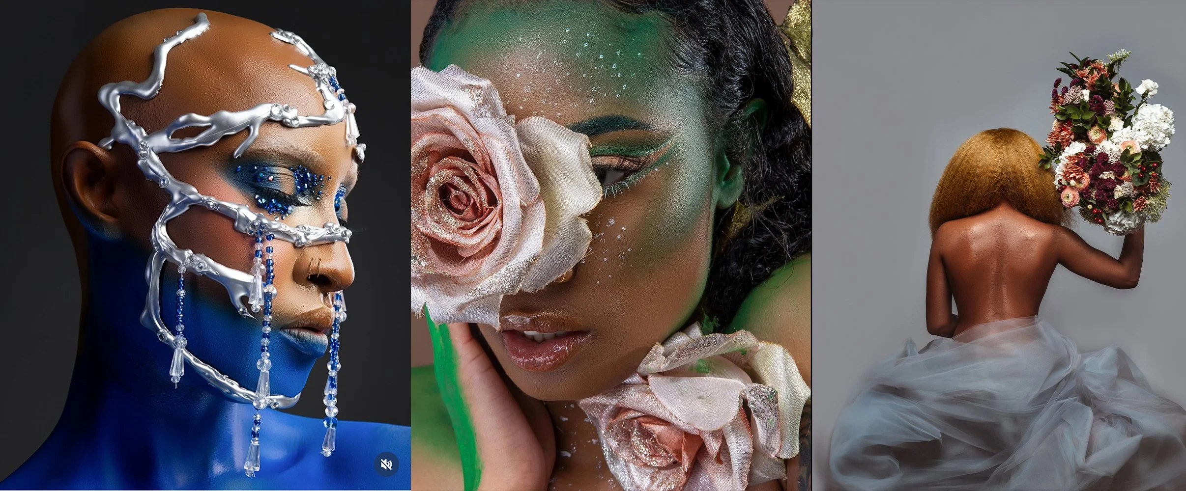 Three artistic portraits featuring diverse women with creative makeup and accessories. The first woman has blue painted skin, elaborate silver and blue jewelry on her face, and closed eyes. The second woman has green makeup, glitter, and a large pink fabric flower covering her face. The third woman, back view, has a large curly blonde hairpiece resembling a blooming flower, holding a bouquet of flowers, and is draped in white fabric.