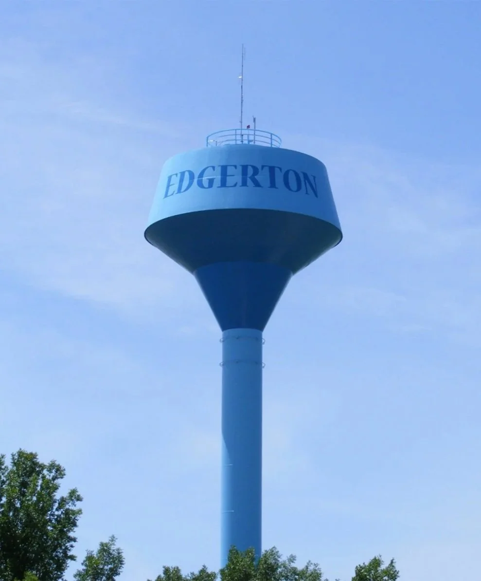 Water tower with the name Edgerton written on it, located in Edgerton.