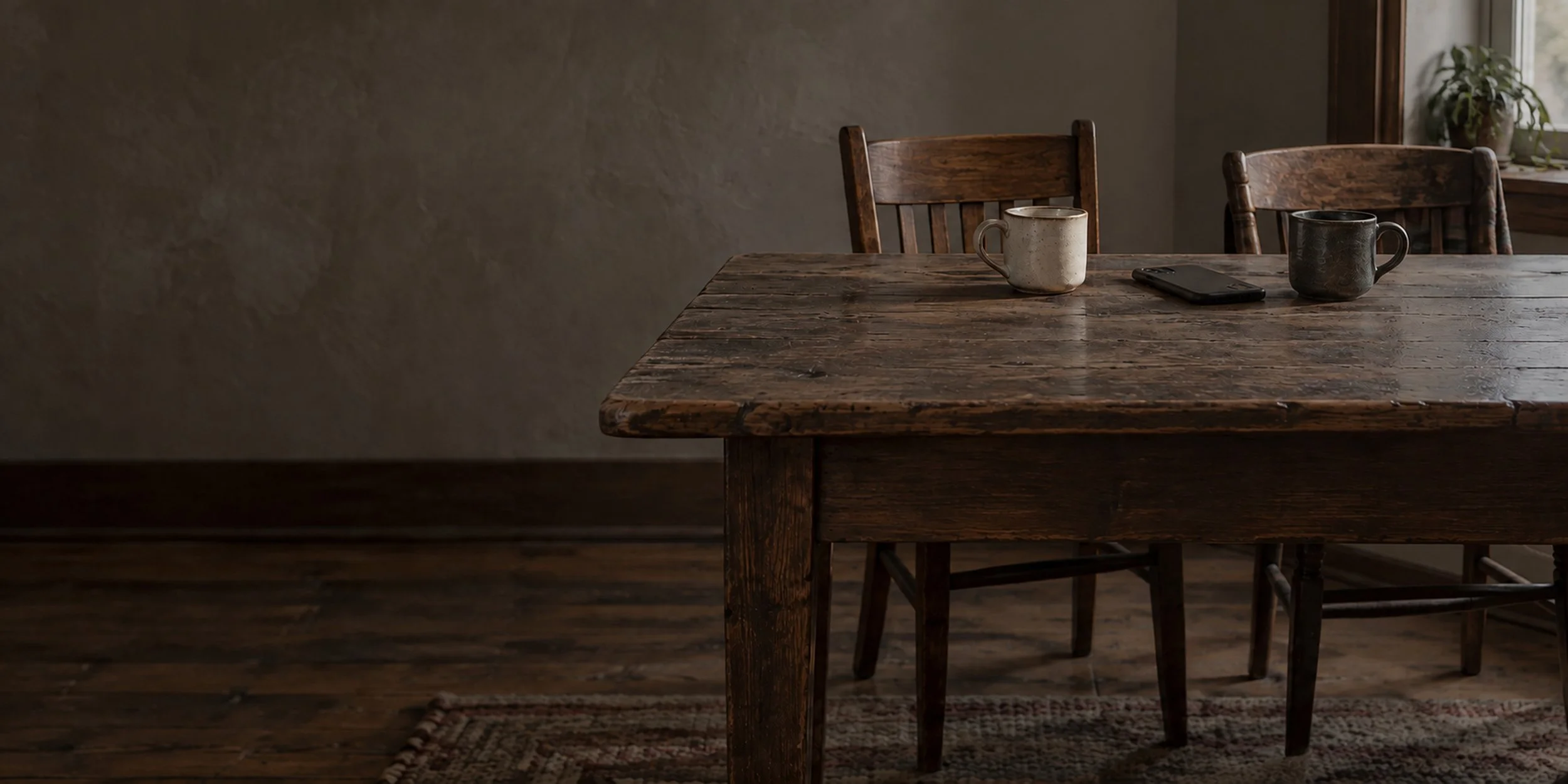 A rustic wooden dining table with three chairs, two cups, and a smartphone, set in a cozy room with natural light and a potted plant on the window sill.