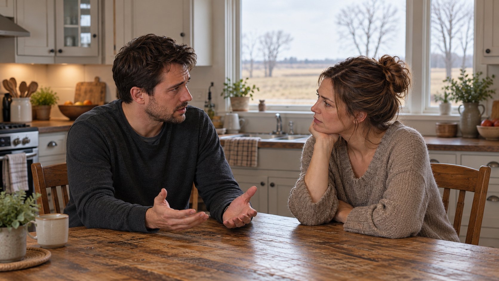 A man and woman having a serious conversation at a kitchen table with large windows showing a rural landscape.