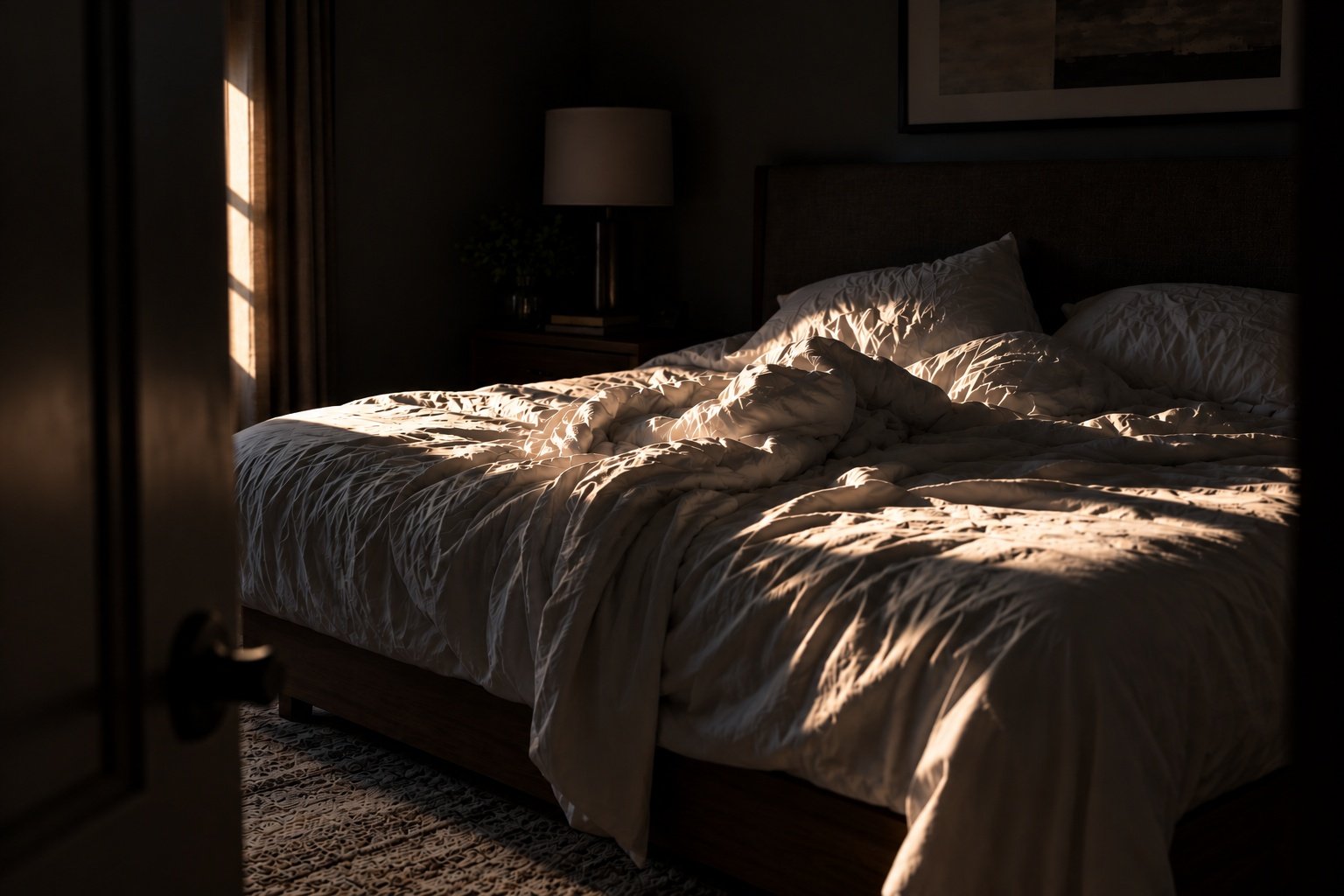 Sunlight illuminating a rumpled bed with white sheets in a dimly lit bedroom.