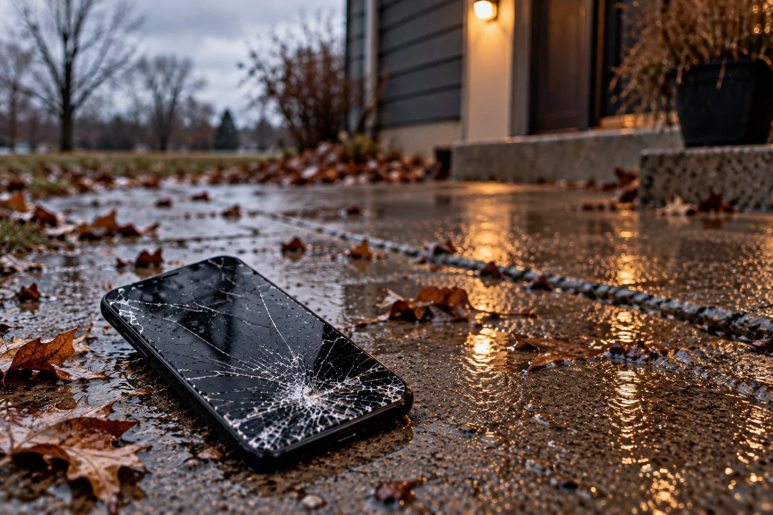 A cracked smartphone lies on a wet sidewalk with fallen leaves, near a house with an illuminated porch light in the background.