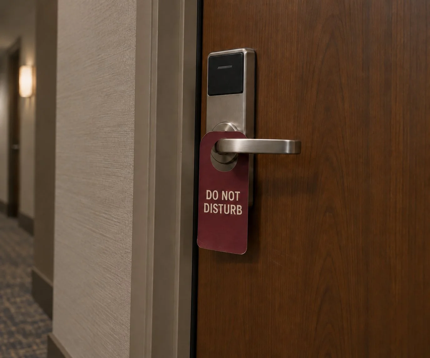 Hotel door with a security lock and a maroon 'Do Not Disturb' sign hanging from the door handle.