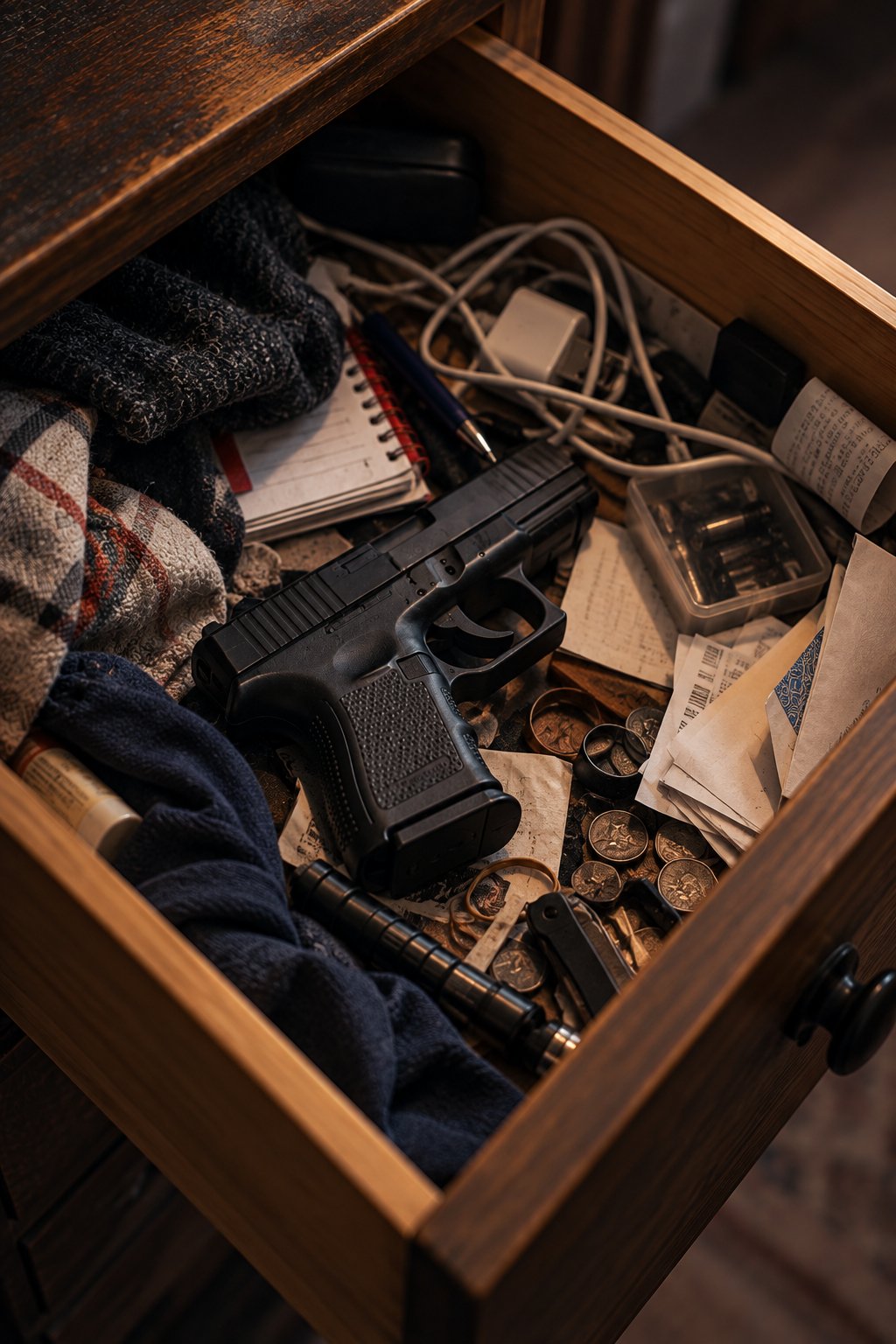 Drawn open dresser drawer containing a handgun, scattered coins, jewelry, notebook, charger, and various small items.