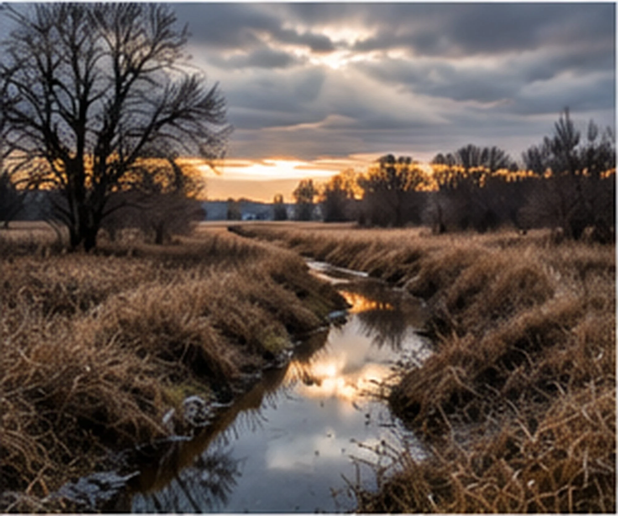 Sunset over a rural landscape with trees and a narrow water channel reflecting the sky.