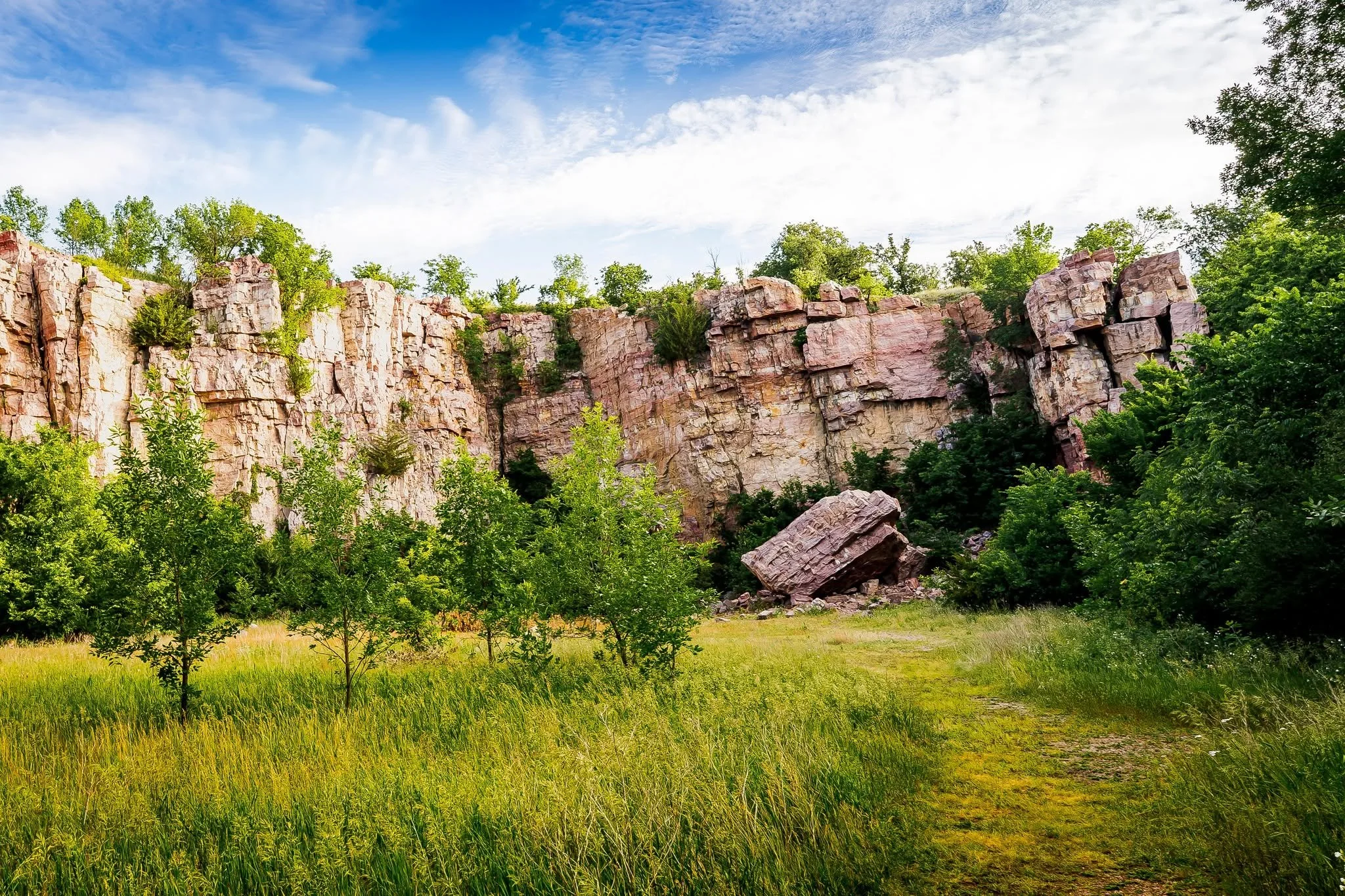 A scenic landscape of rocky cliffs with green trees and a grassy foreground under a partly cloudy blue sky.