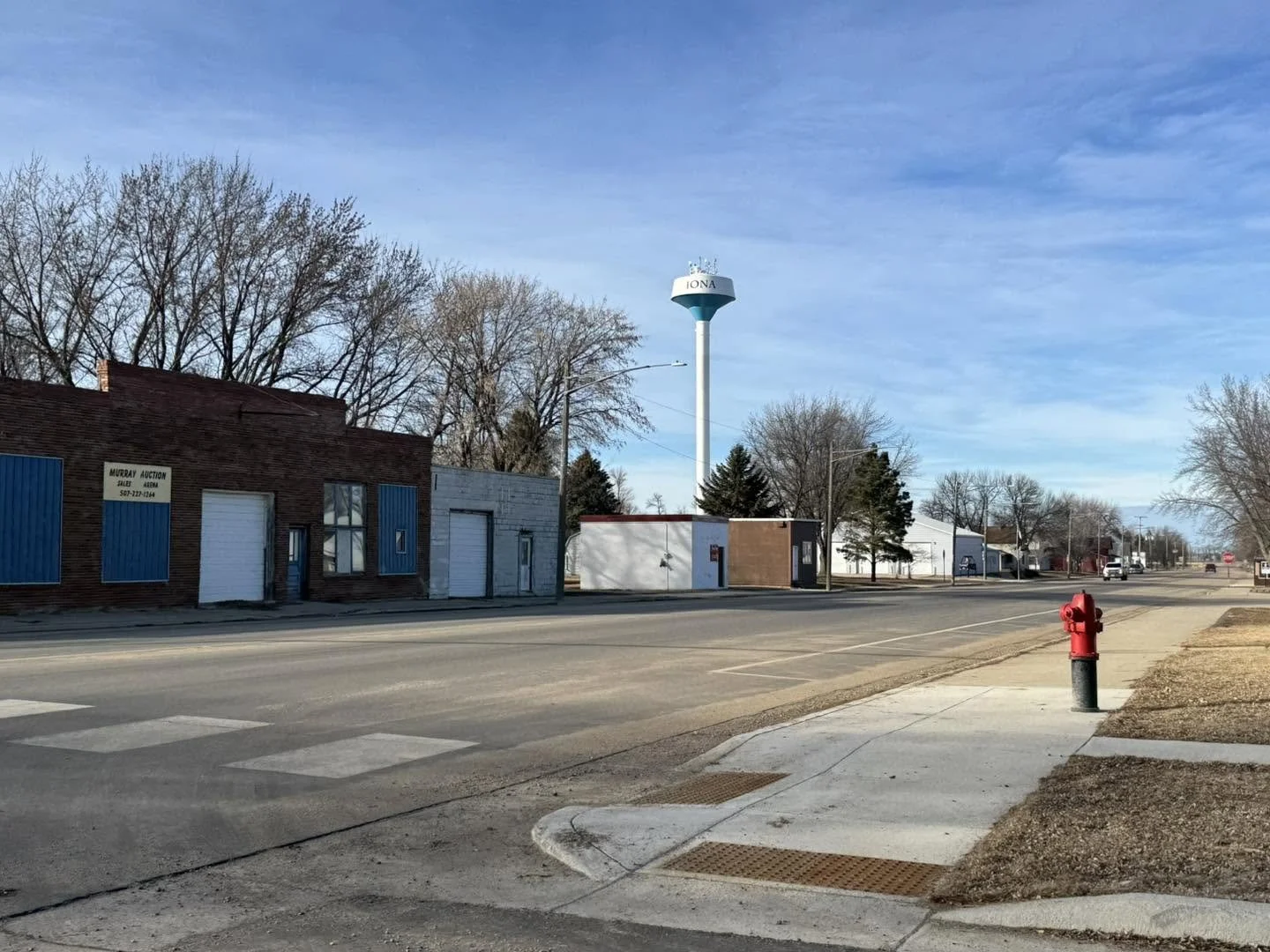 A quiet street scene with a water tower labeled 'IONA' in the background, commercial buildings on the left, and a red fire hydrant in the foreground on a partly cloudy day.