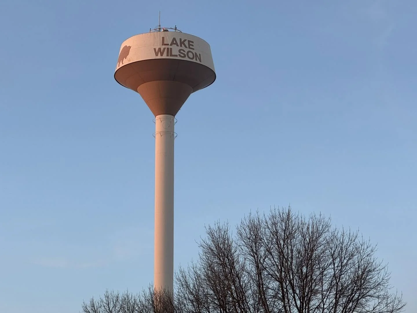Water tower with a sign that reads "Lake Wilson" and a silhouette of a bear, standing against a clear blue sky, with leafless trees at the bottom.