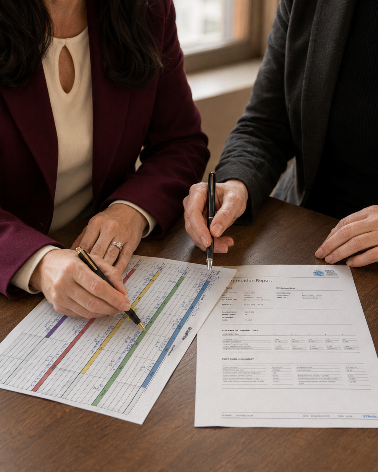 Two people reviewing documents, one pointing at a colorful chart and the other holding a pen over the paper, in a professional setting.