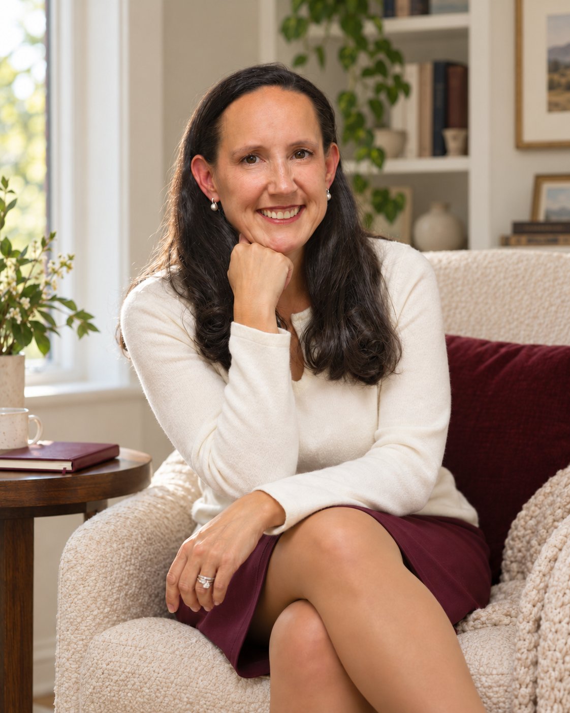 Ginny wears a white sweater and maroon skirt, sitting on a beige sofa, smiling, with her right hand resting on her chin. There are books, a cup, and plants in the background.