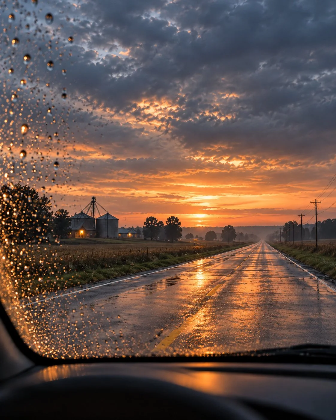 Sunset view through a rain-covered car windshield on a wet rural road flanked by power lines, with farm silos and trees on the horizon.