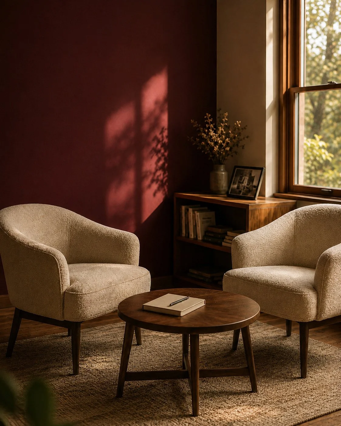 Cozy living room corner with two beige armchairs, a wooden coffee table with a notebook and pen, a wooden bookshelf with books, a vase with flowers, and a window letting in warm sunlight.