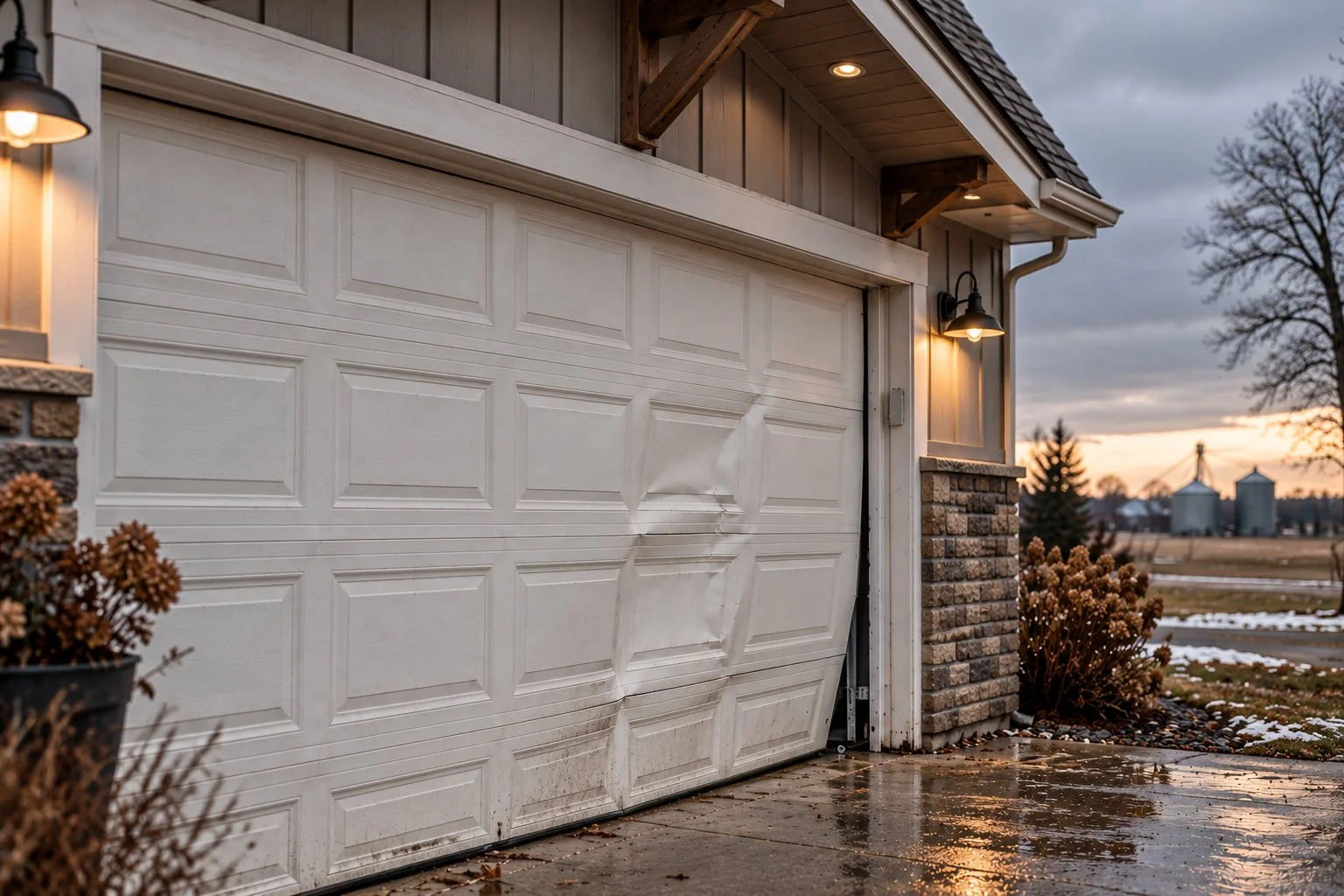 A damaged white garage door with a dent in the middle, outside house during sunset, with wet pavement and frosty grass, and a barn visible in the background.