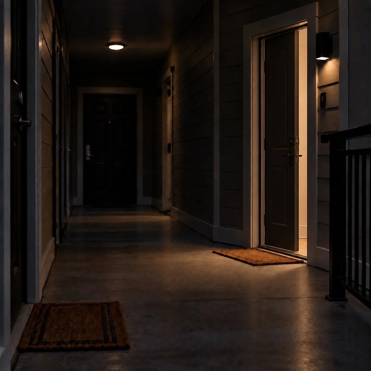 Dimly lit apartment hallway with closed doors, illuminated by warm light from an open door on the right.