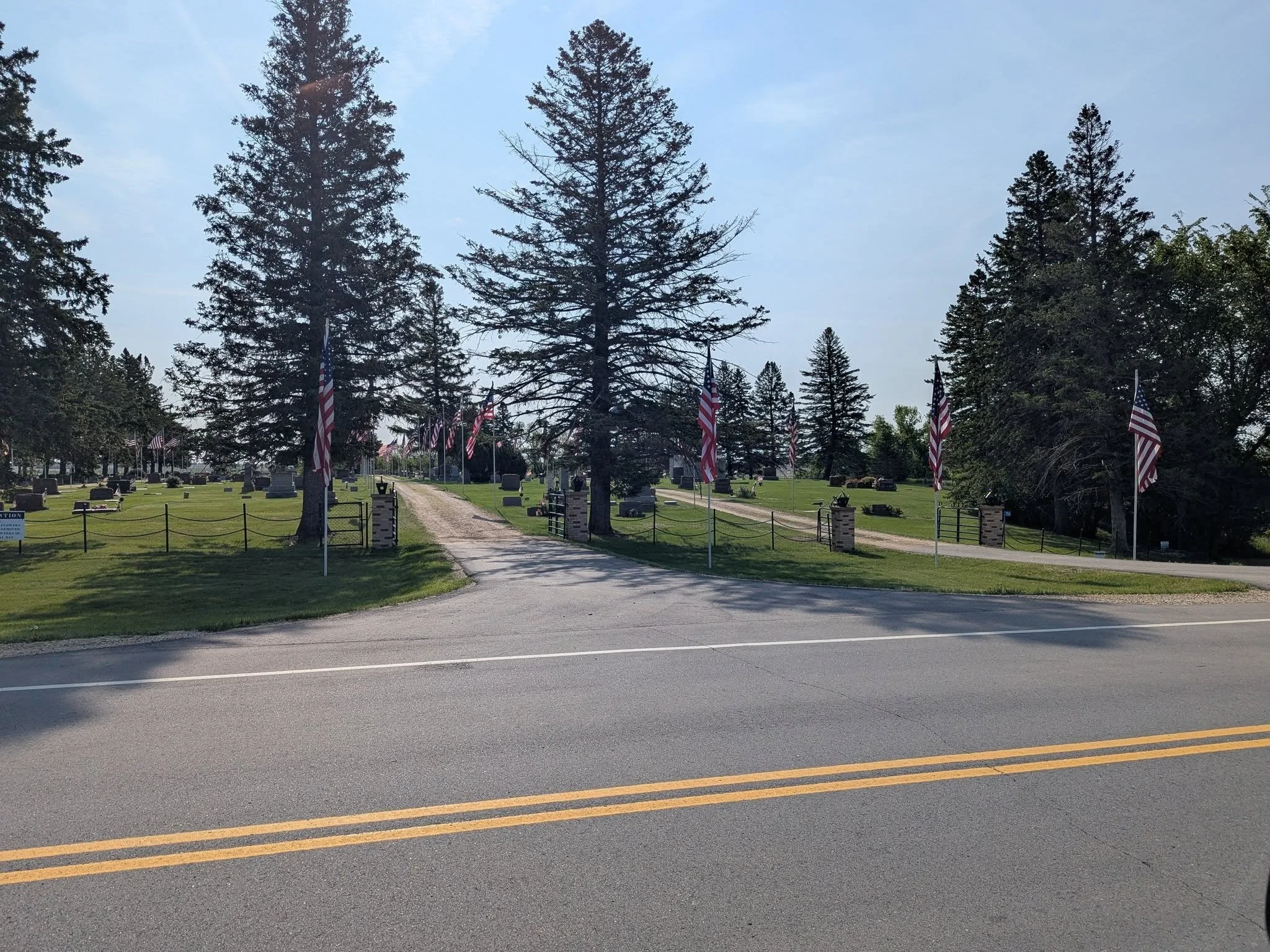 A cemetery with numerous headstones, American flags along the pathways, tall evergreen trees, and a clear blue sky.