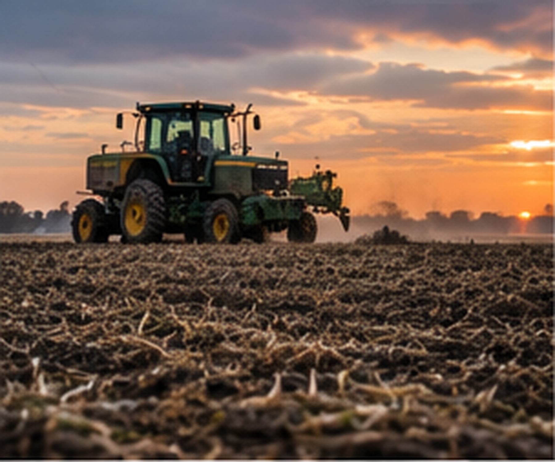 A tractor working on farmland at sunset with a cloudy sky.