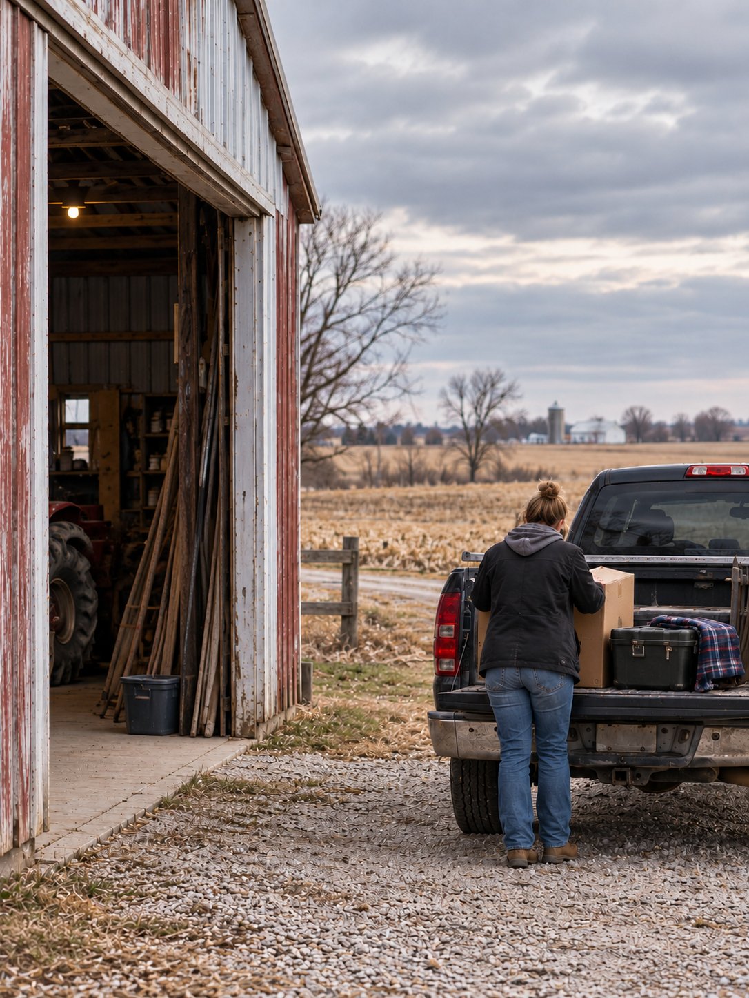 A woman loading a cardboard box into the back of a pickup truck on a farm, with a barn and open fields in the background.