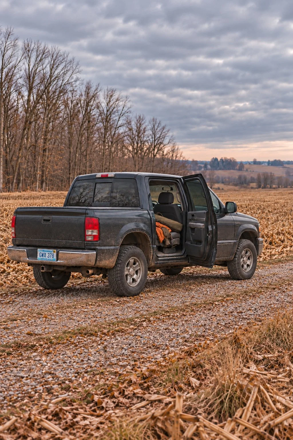 A black pickup truck parked on a dirt gravel road in a rural area with leafless trees and an open field in the background under a cloudy sky.