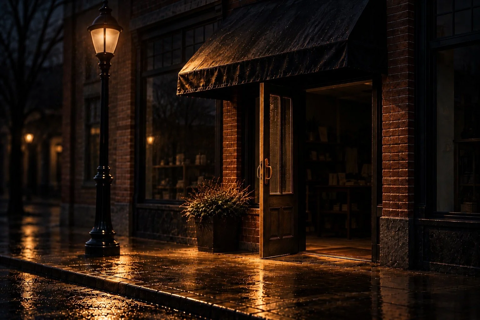 A warmly lit street scene at night with a vintage lamppost, rain-slick pavement reflecting lights, and the open door of a brick shop with an awning.