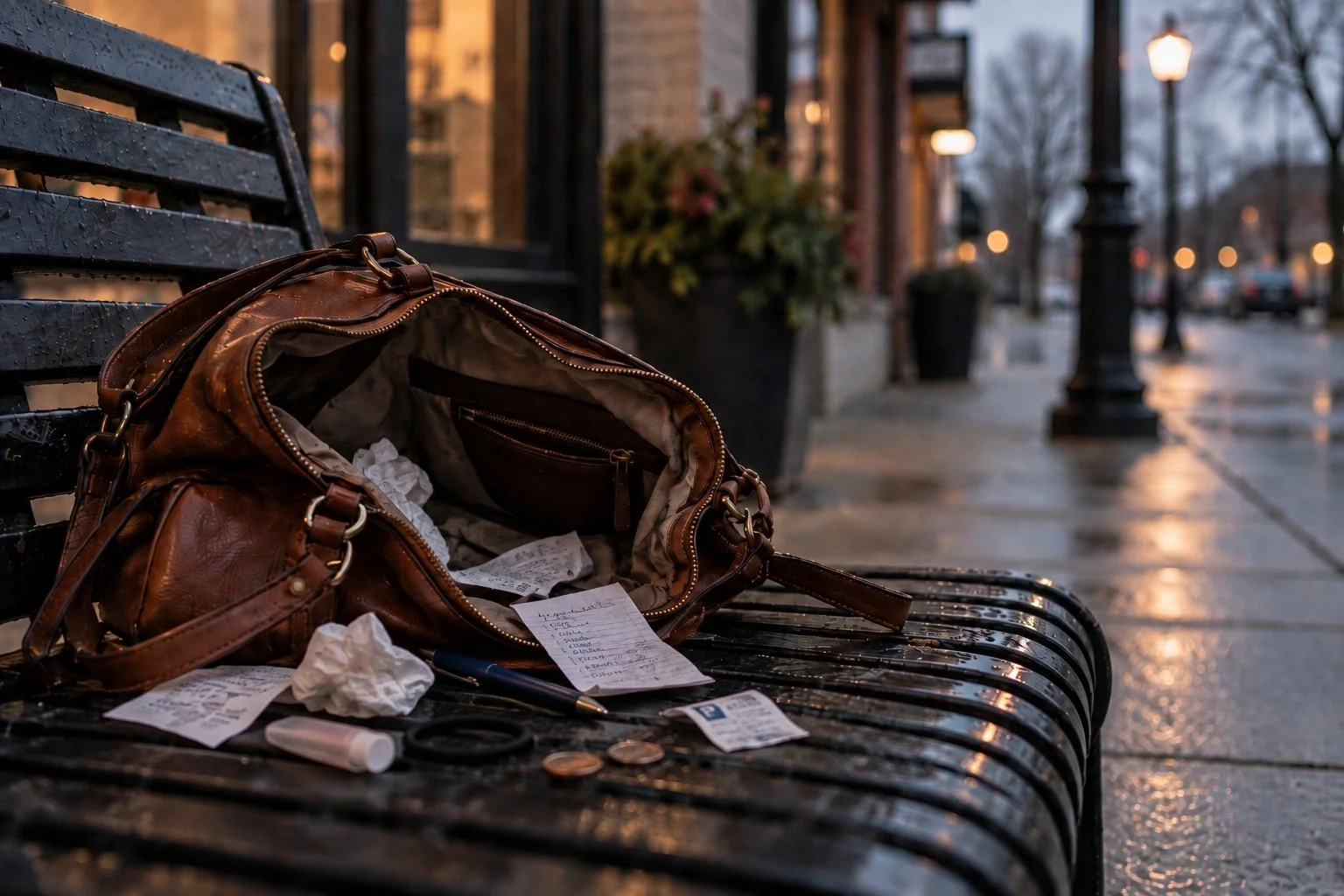 An open brown leather purse on a wet park bench, surrounded by crumpled receipts, coins, a pen, and other small items, with a city street scene and lampposts in the background during dusk.