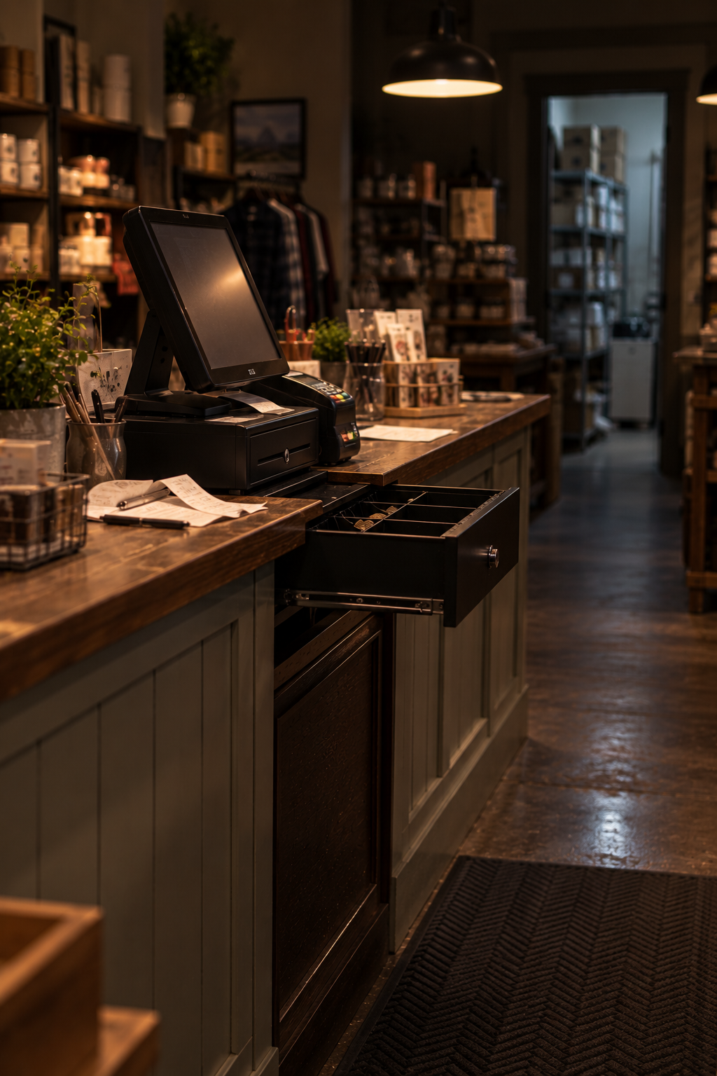 Interior of a retail store with a wooden checkout counter, a cash register, receipt paper, and various small items on display, with shelves stocked with products and pendant lighting overhead.