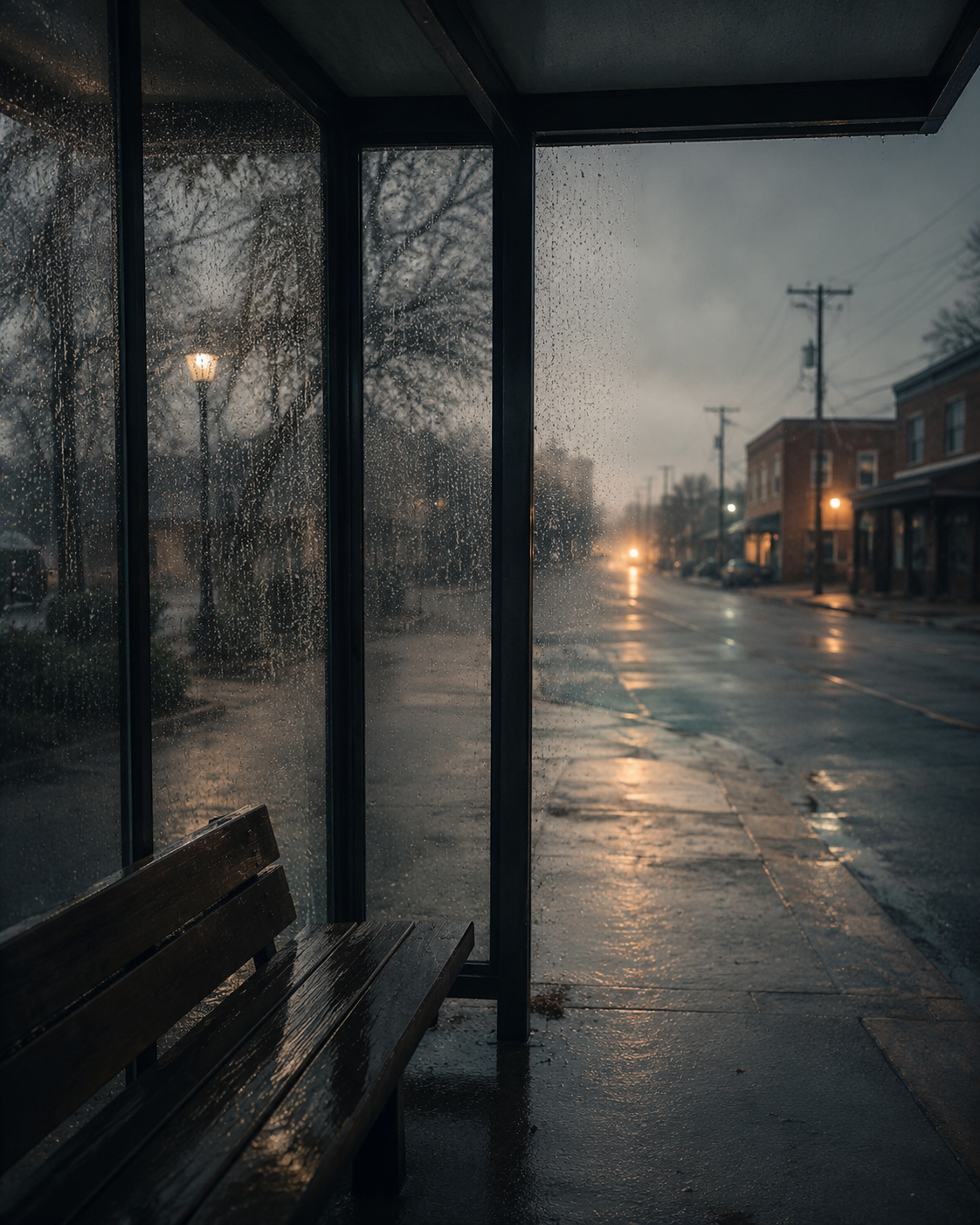 A rain-soaked bus stop shelter on a deserted street with wet pavement and dim streetlights during dusk or dawn.