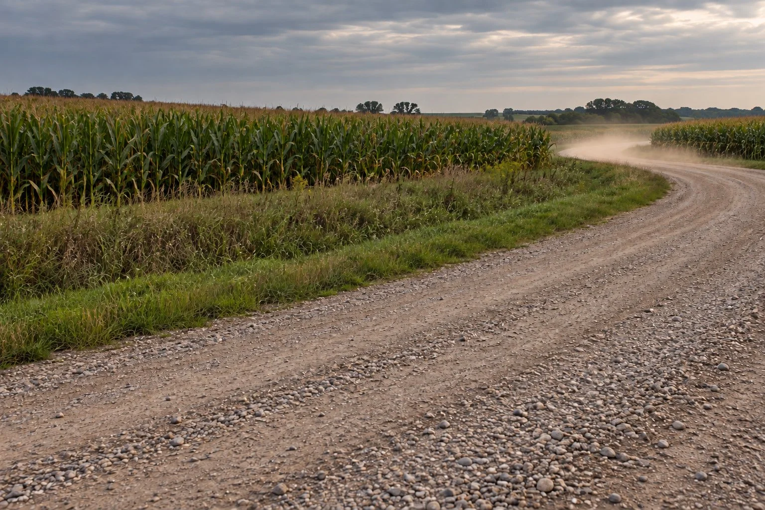 Dirt country road running through farmland with green crops on either side, dust rising behind as the road curves to the right under a cloudy sky.