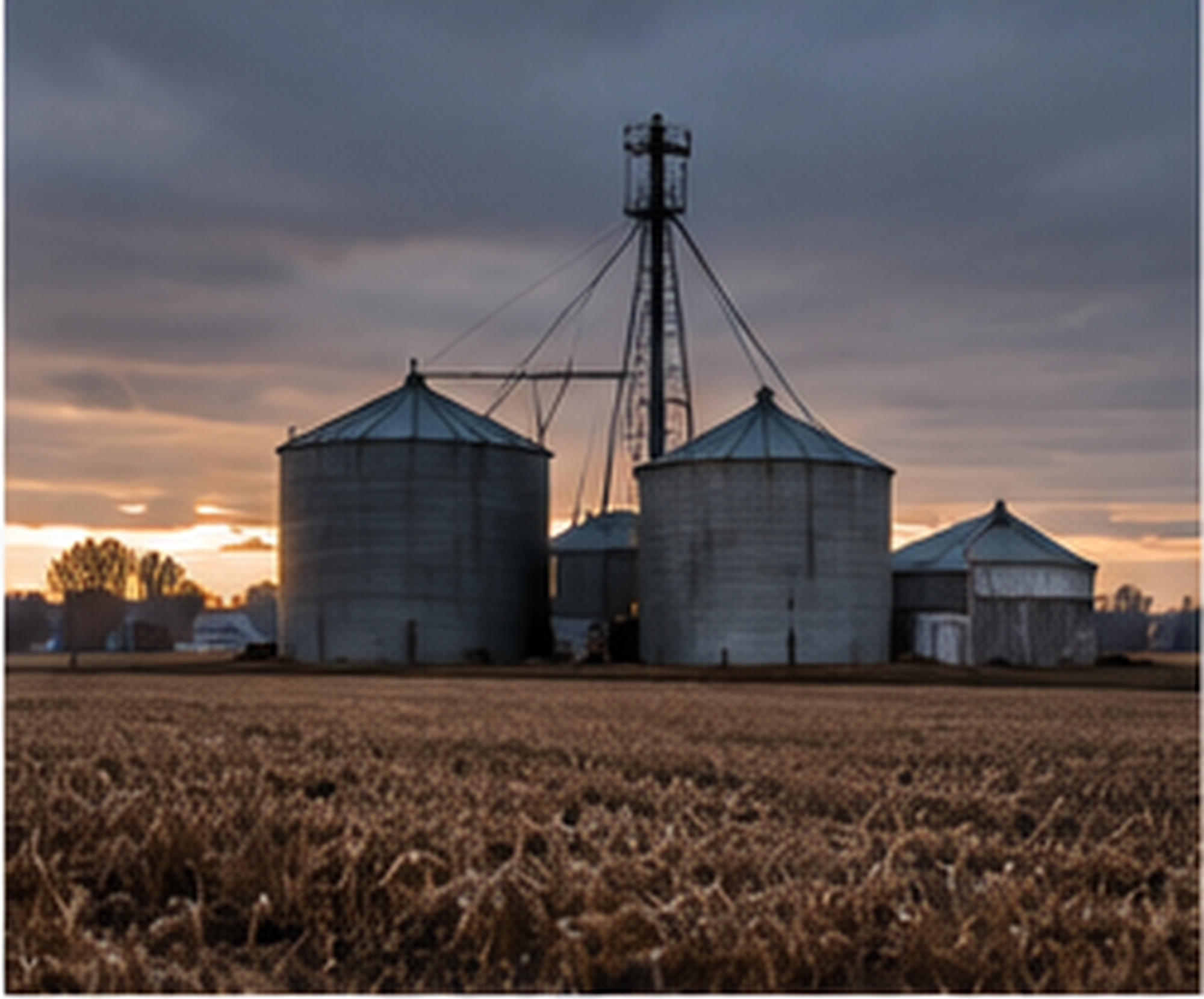 Silhouetted farm grain silos with a metal tower structure and a sunset sky in the background.
