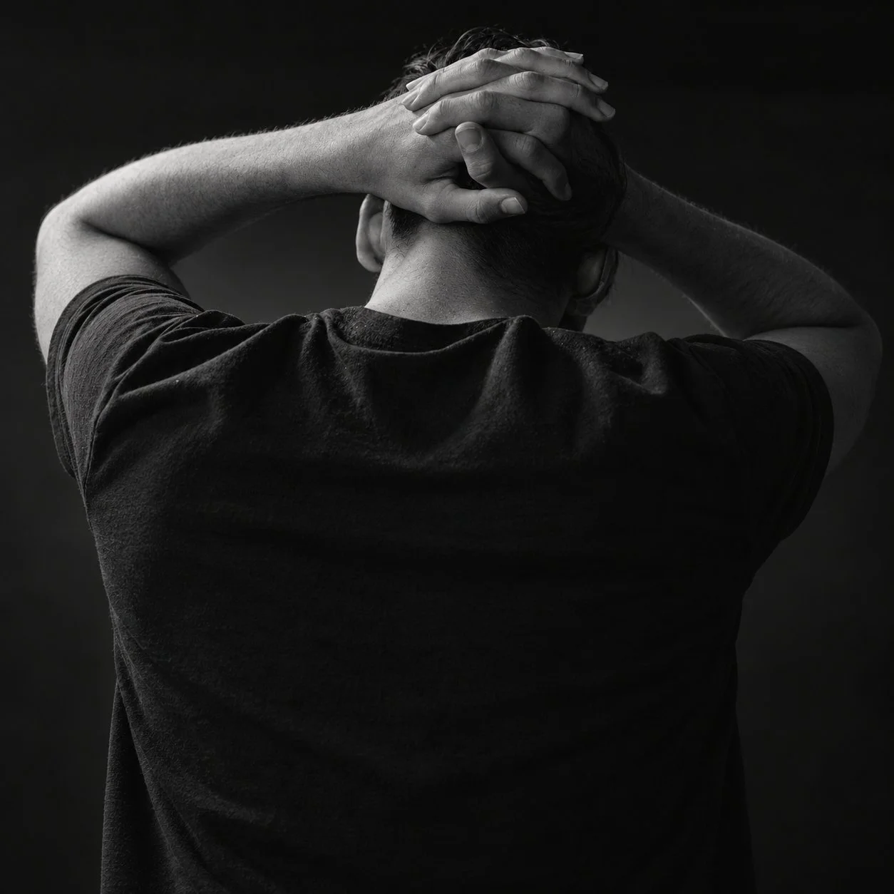 A man in a black T-shirt with hands clasped on his head, facing away, in a dark setting.