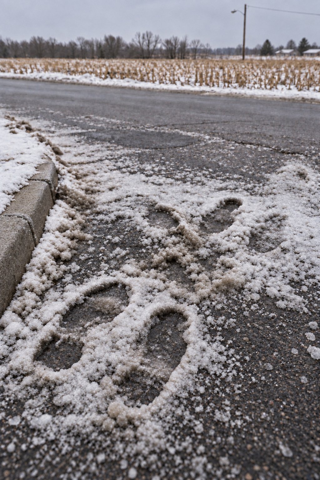 Ice and snow on a sidewalk with bicycle tire tracks and a curb on the left, with a field and trees in the background under an overcast sky.