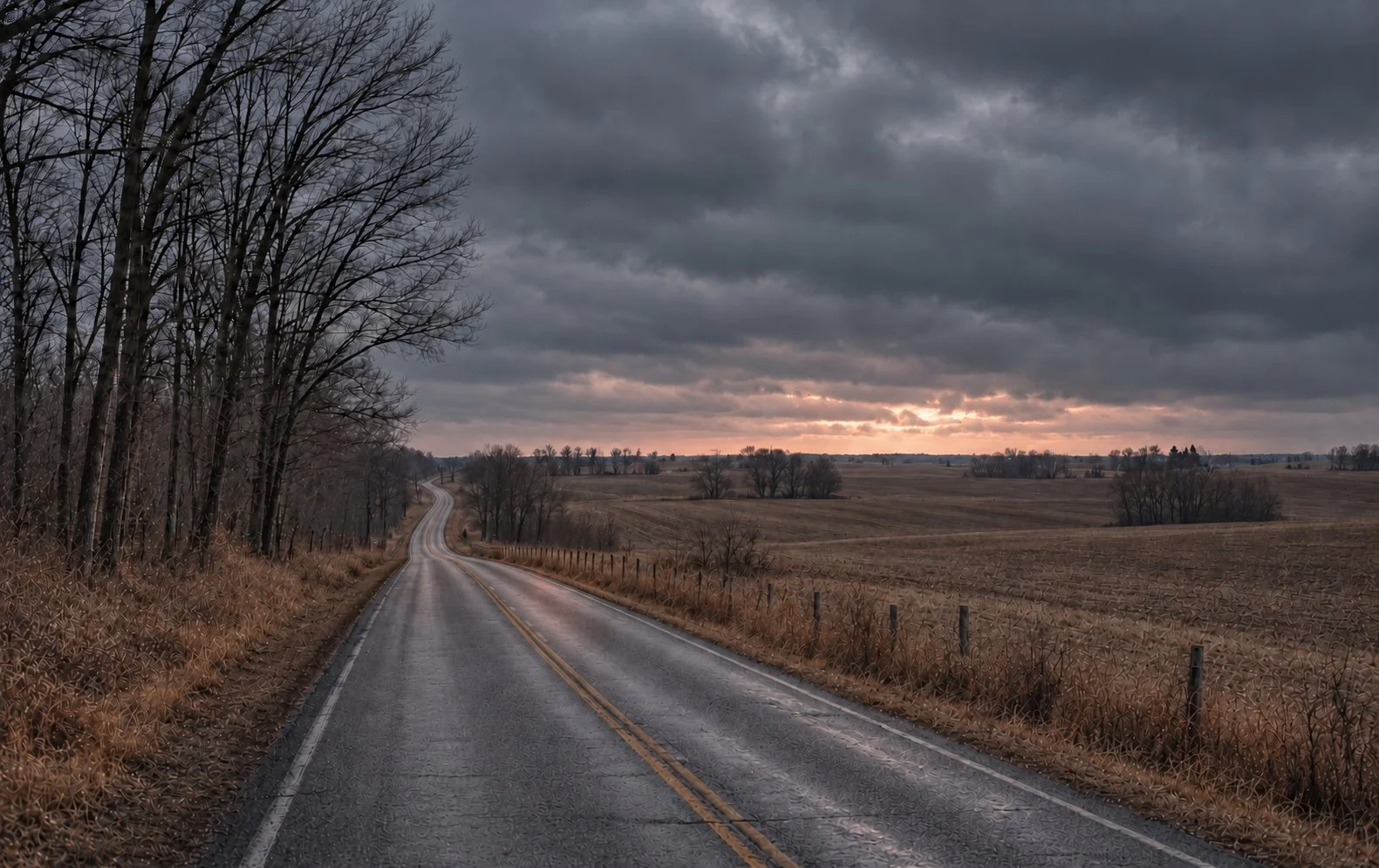 A winding rural road with wet pavement, flanked by leafless trees on the left and fields on the right. The sky is overcast with dark clouds and a faint glow near the horizon.