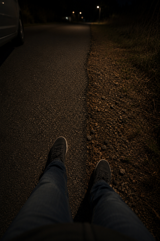 A first-person view of a person sitting on a roadside at night, with legs stretched out and wearing dark shoes and jeans, showing part of a paved road and dirt shoulder with streetlights in the distance.