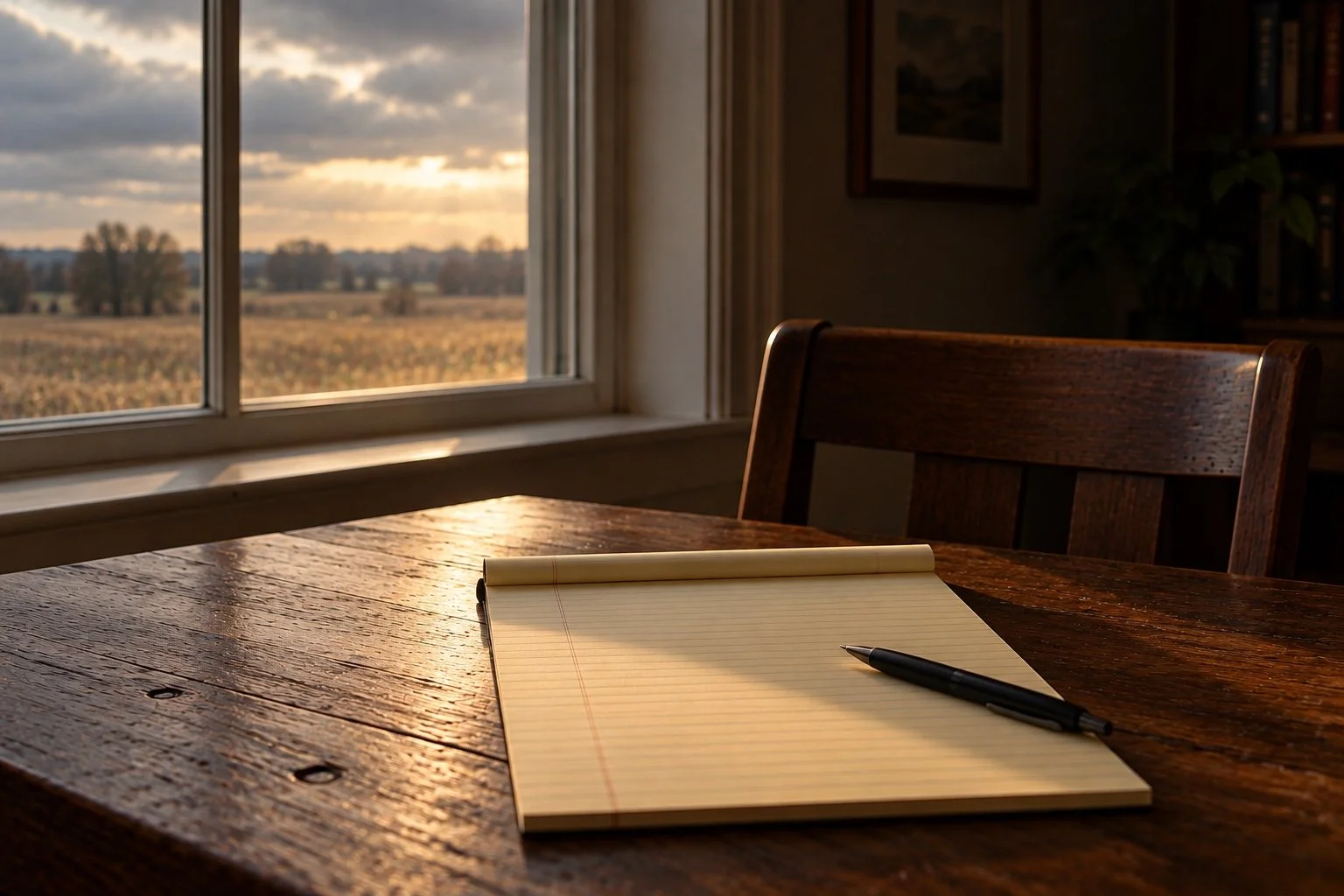 A wooden table with a yellow lined notepad and a black pen near a window showing an outdoor view of a field and trees at sunset.