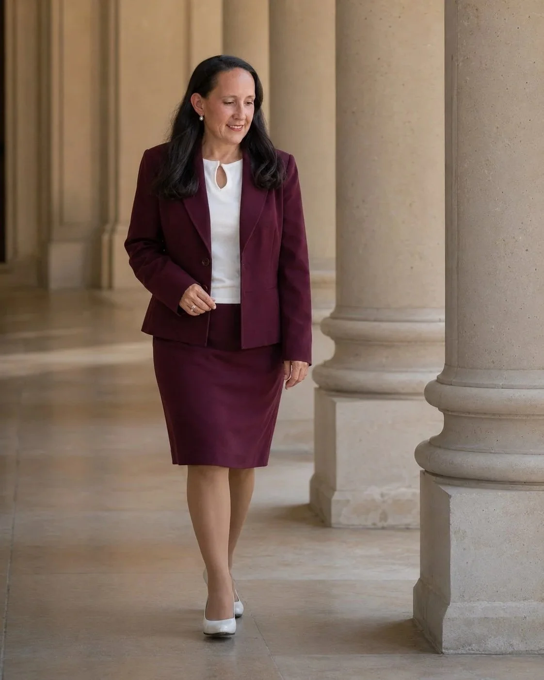 Ginny wears burgundy business suit walking in a building with large stone columns.
