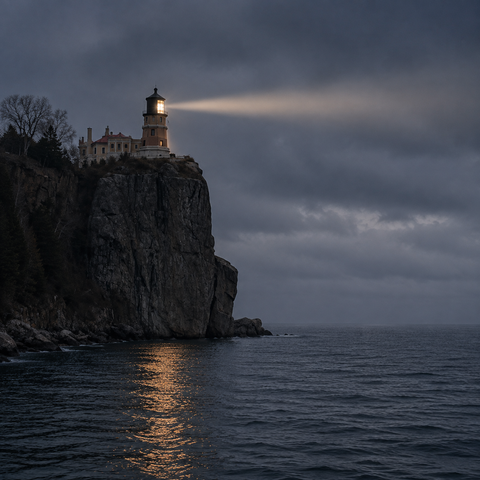 Lighthouse on a rocky cliff overlooking the ocean under a cloudy sky at dusk, with its light shining outward.