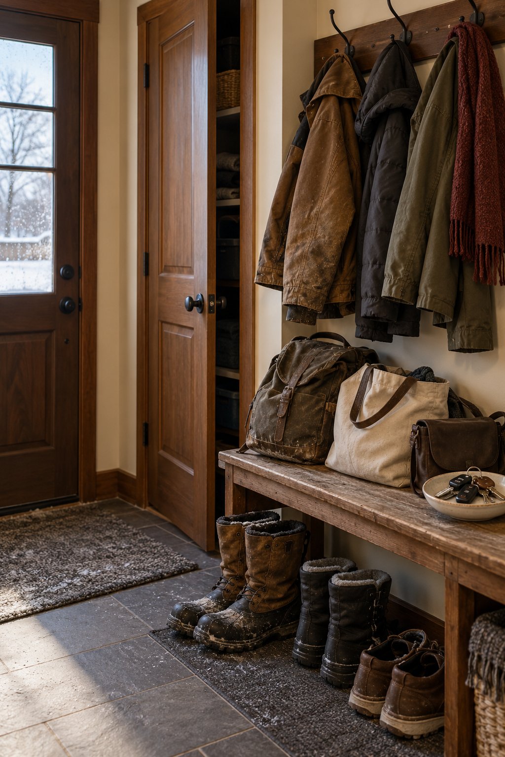 Entryway with coats hanging on hooks, outdoor boots on a mat, and a wooden bench with bags and keys. There's a door with a window showing a snowy scene outside.