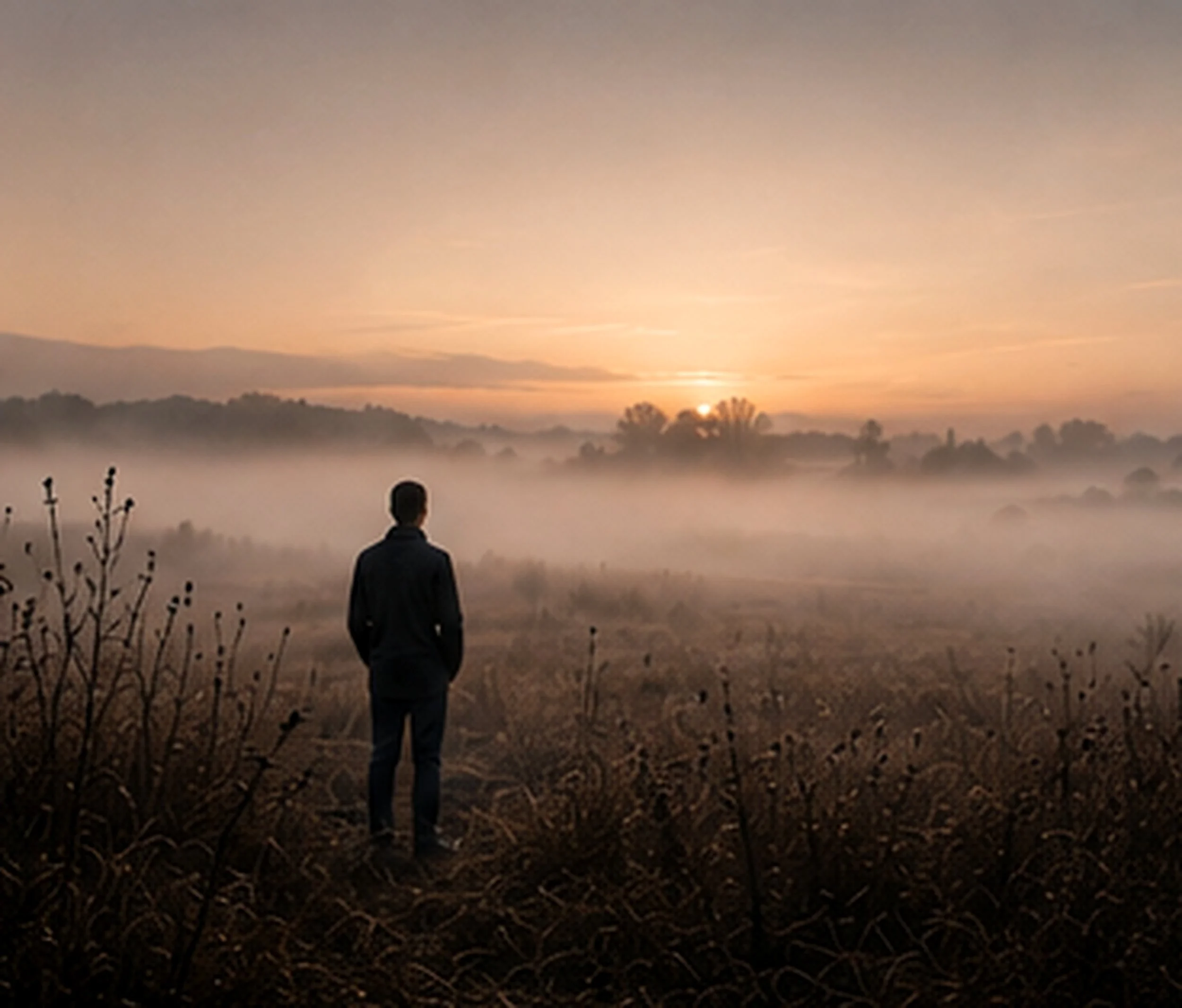 A person stands in a foggy field at sunrise or sunset, looking at the horizon with mountains in the distance and trees in the foreground.