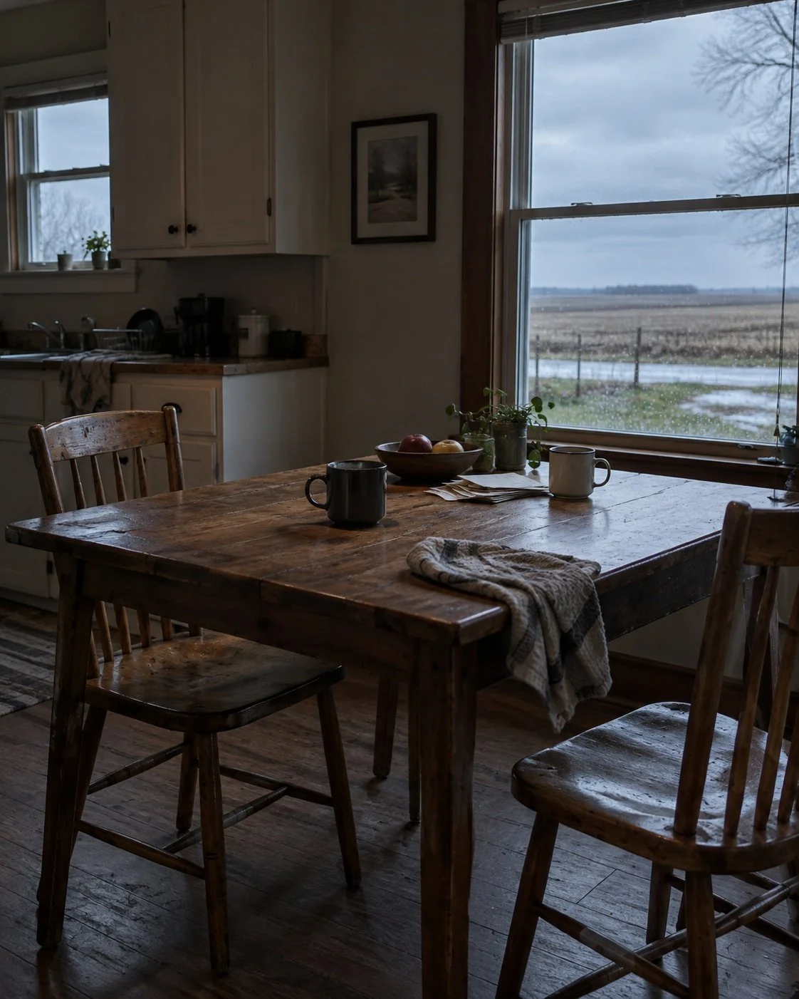 A rustic wooden dining table with two chairs near a large window overlooking a rural landscape with fields and a fence, with mugs and a bowl of fruit on the table.