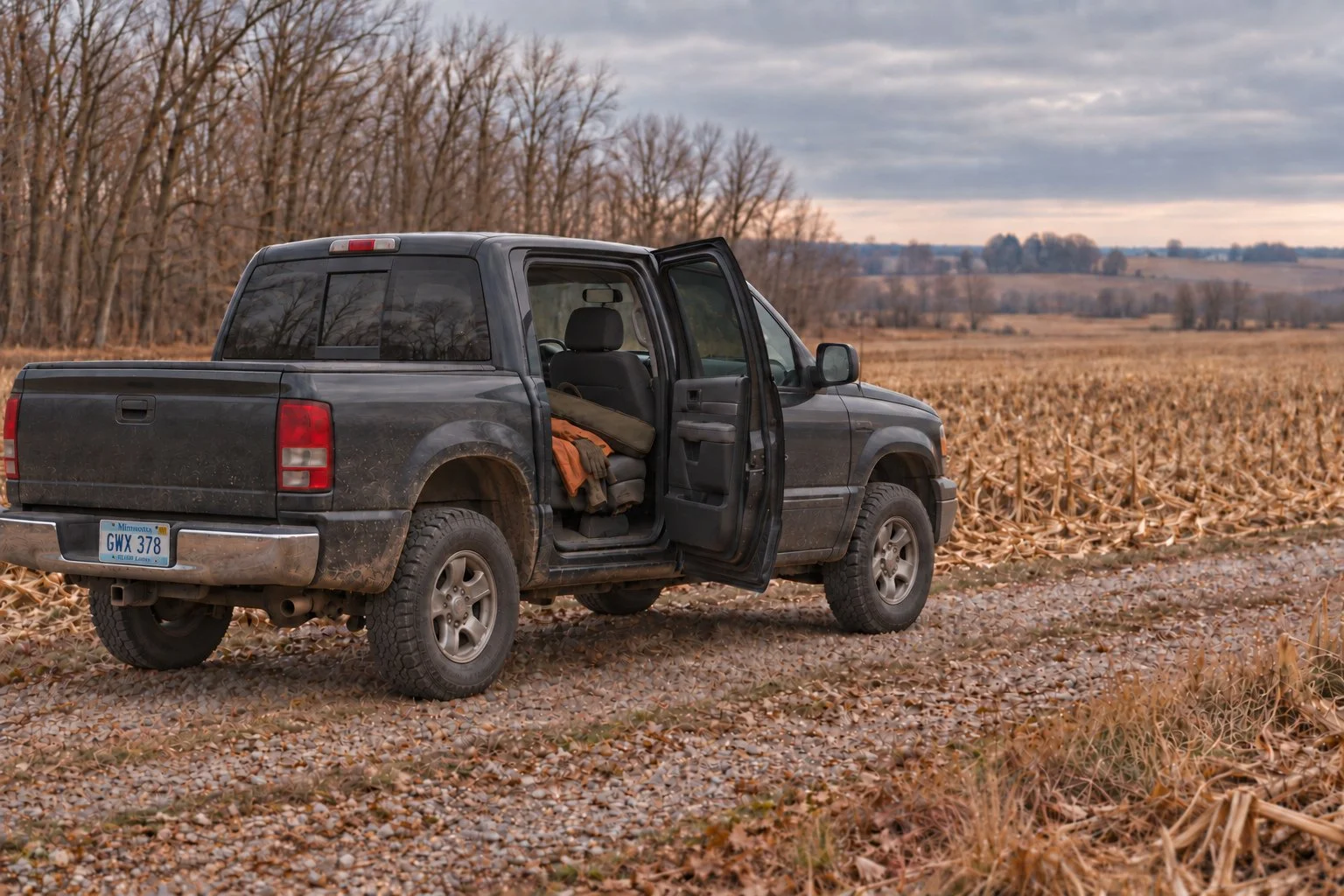 A black pickup truck with an open door parked on a dirt road next to a dried cornfield during cloudy weather, with leafless trees in the background.